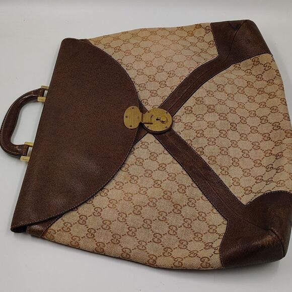Gucci Brown Leather & Cream Logo Monogram Satchel Bag Vintage - Picture 8 of 16